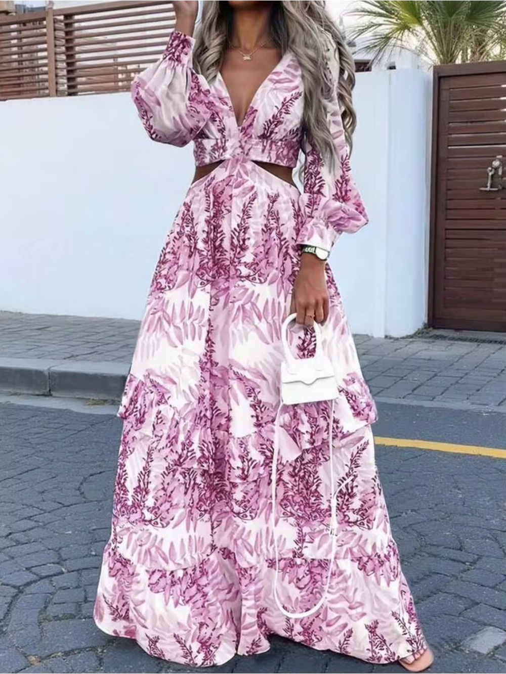 Pink Floral Cutout Maxi Dress with Long Puff Sleeves
